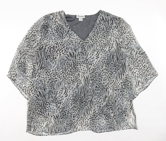 Signature Womens Grey Geometric Polyester Basic Blouse Size 3XL V-Neck