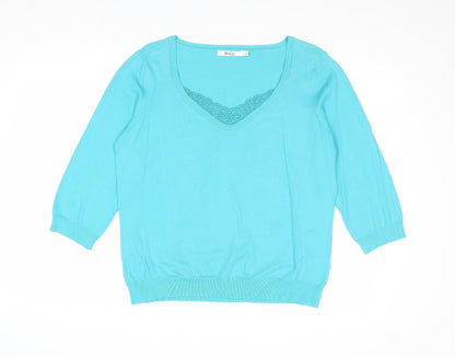 M&Co Womens Blue V-Neck Cotton Pullover Jumper Size L