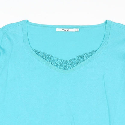 M&Co Womens Blue V-Neck Cotton Pullover Jumper Size L