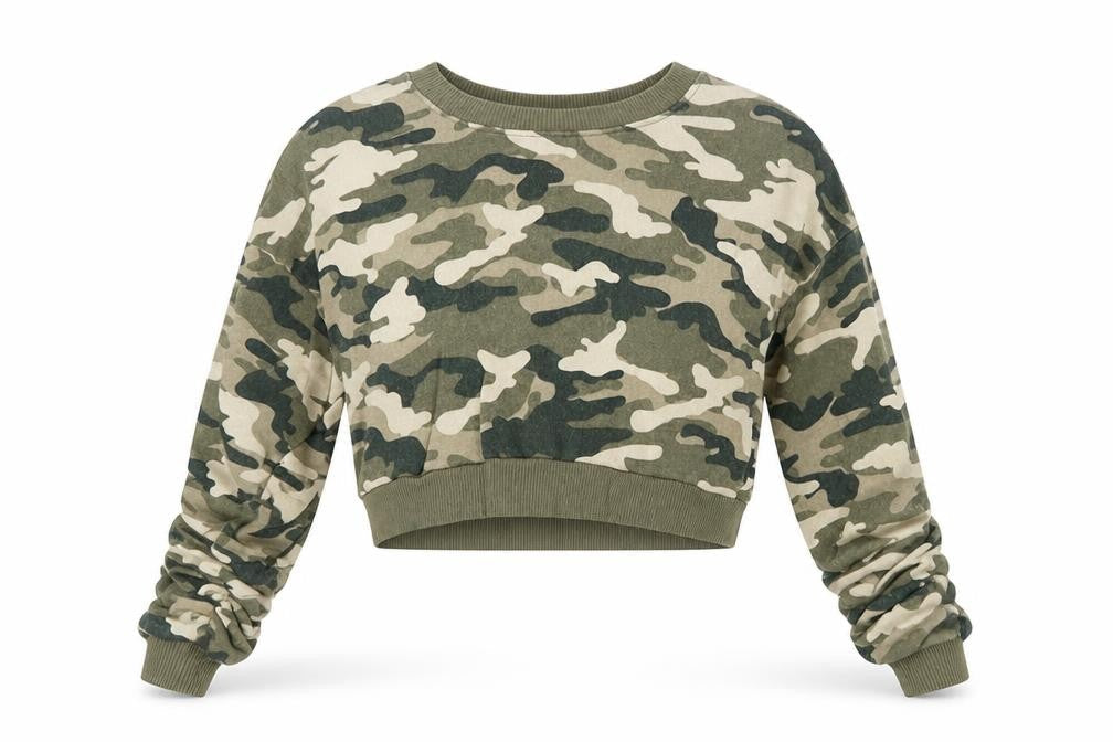 Bershka Womens Green Camouflage Polyester Pullover Sweatshirt Size S Pullover - Gathered Sleeves