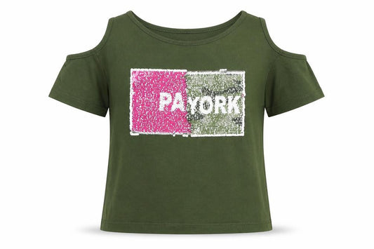 M&Co Girls Green Cotton Basic T-Shirt Size 11-12 Years Round Neck Pullover - Paris, New York, Cold Shoulder