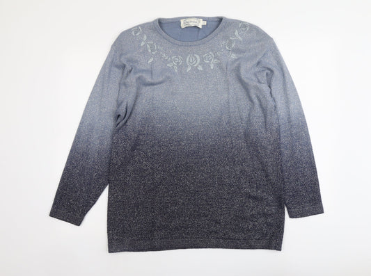 Fay Louise Womens Blue Round Neck Floral Acrylic Pullover Jumper One Size
