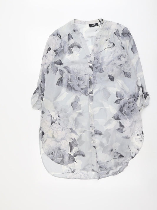 Wallis Womens Grey Floral Polyester Basic Button-Up Size S V-Neck