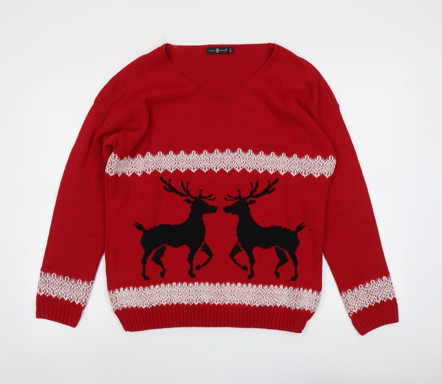 Pura Moda Womens Red Round Neck Acrylic Pullover Jumper Size M - Size M-L Reindeer
