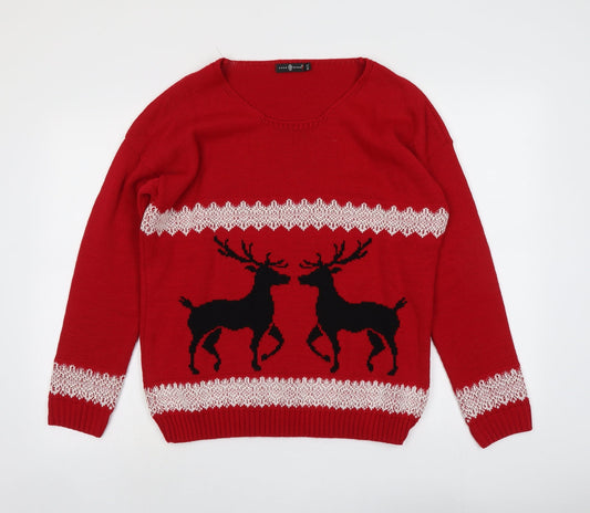 Pura Moda Womens Red Round Neck Acrylic Pullover Jumper Size M - Size M-L Reindeer