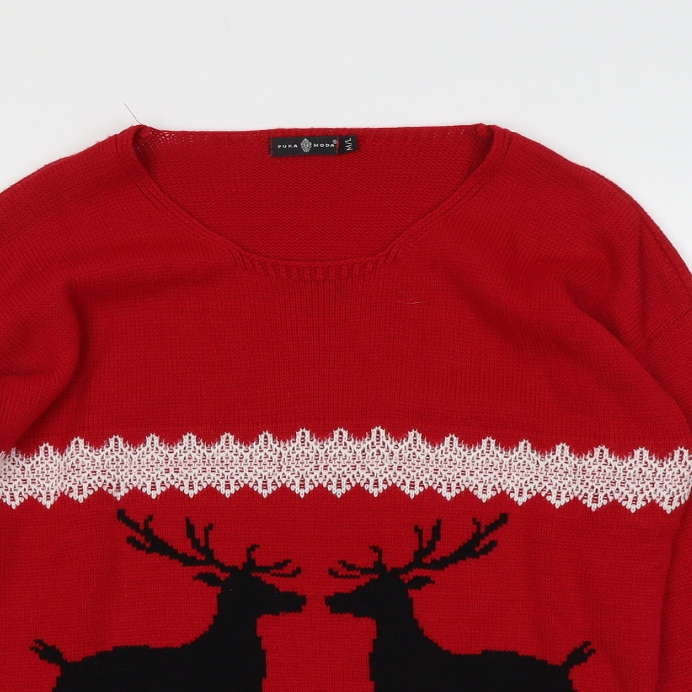 Pura Moda Womens Red Round Neck Acrylic Pullover Jumper Size M - Size M-L Reindeer