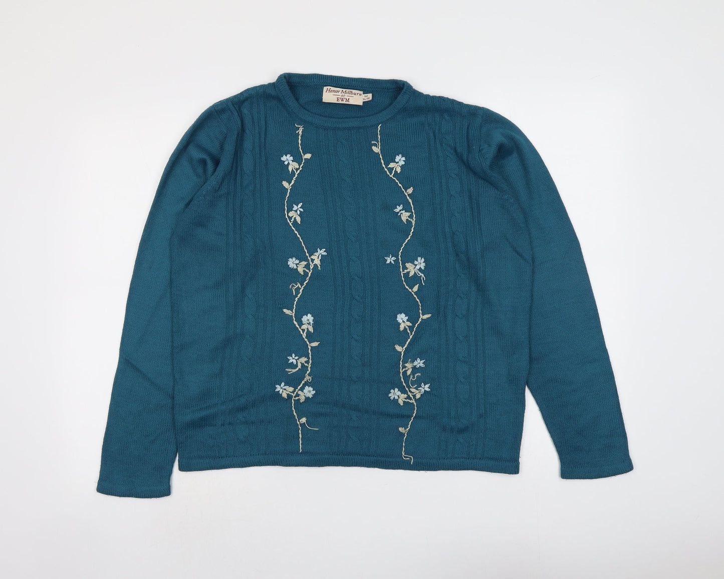 EWM Womens Blue Round Neck Floral Acrylic Pullover Jumper Size 14 - Size 14-16