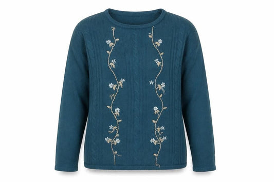 EWM Womens Blue Round Neck Floral Acrylic Pullover Jumper Size 14 - Size 14-16