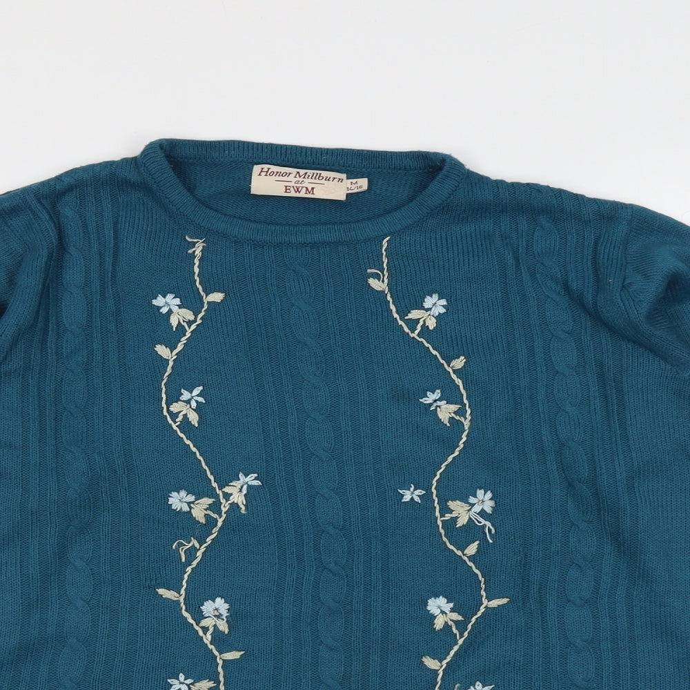 EWM Womens Blue Round Neck Floral Acrylic Pullover Jumper Size 14 - Size 14-16