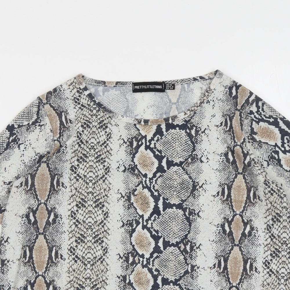 PRETTYLITTLETHING Womens Beige Animal Print Polyester Basic T-Shirt Size 10 Round Neck - Snake Skin Print
