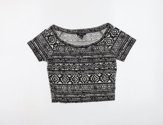 FOREVER 21 Womens Black Geometric Viscose Cropped T-Shirt Size L Round Neck