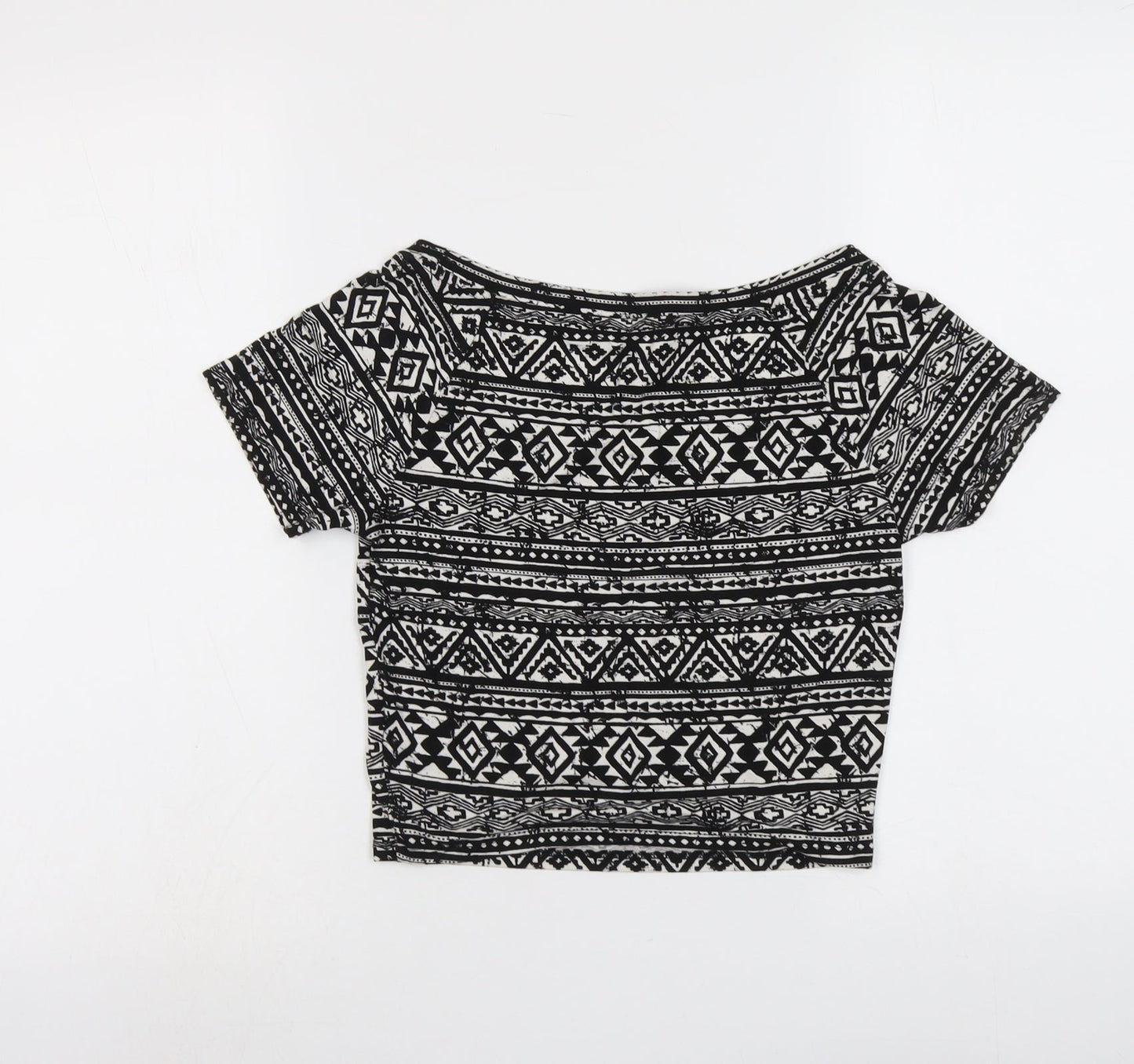 FOREVER 21 Womens Black Geometric Viscose Cropped T-Shirt Size L Round Neck