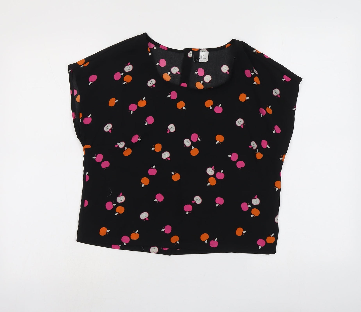 H&M Womens Black Geometric Polyester Basic Blouse Size 8 Round Neck - Apples Print
