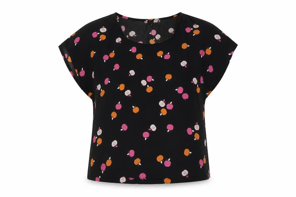 H&M Womens Black Geometric Polyester Basic Blouse Size 8 Round Neck - Apples Print