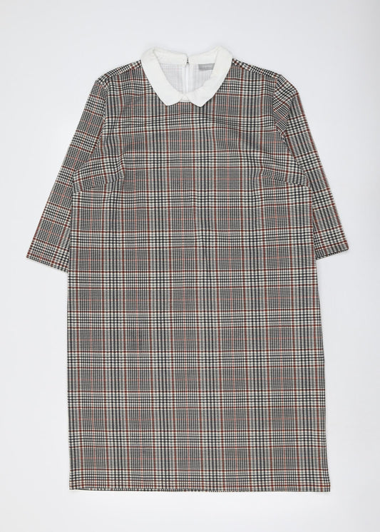 Fransa Womens Black Plaid Polyester A-Line Size L Collared Button