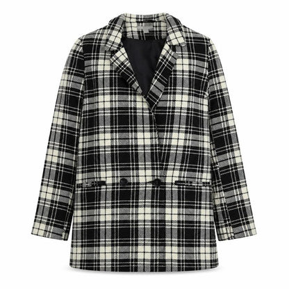 Front view of ASOS women’s black plaid polyester jacket blazer, size UK 4