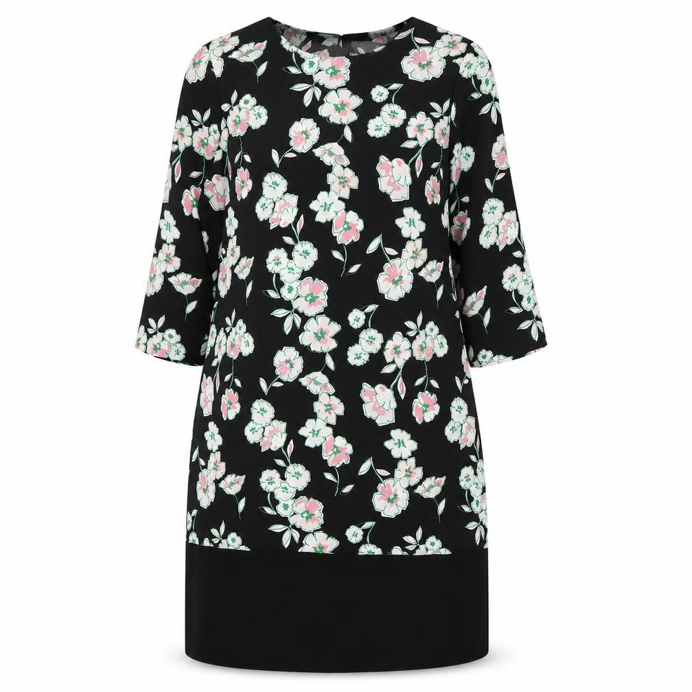 Marks & Spencer Womens Black Floral Polyester A-Line Size 14 Round Neck Button