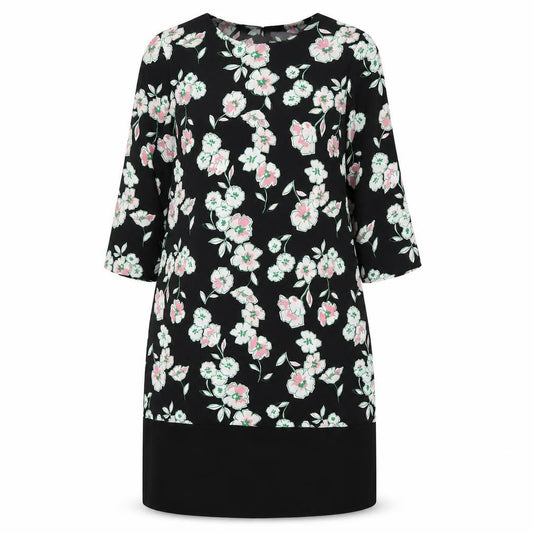 Marks & Spencer Womens Black Floral Polyester A-Line Size 14 Round Neck Button