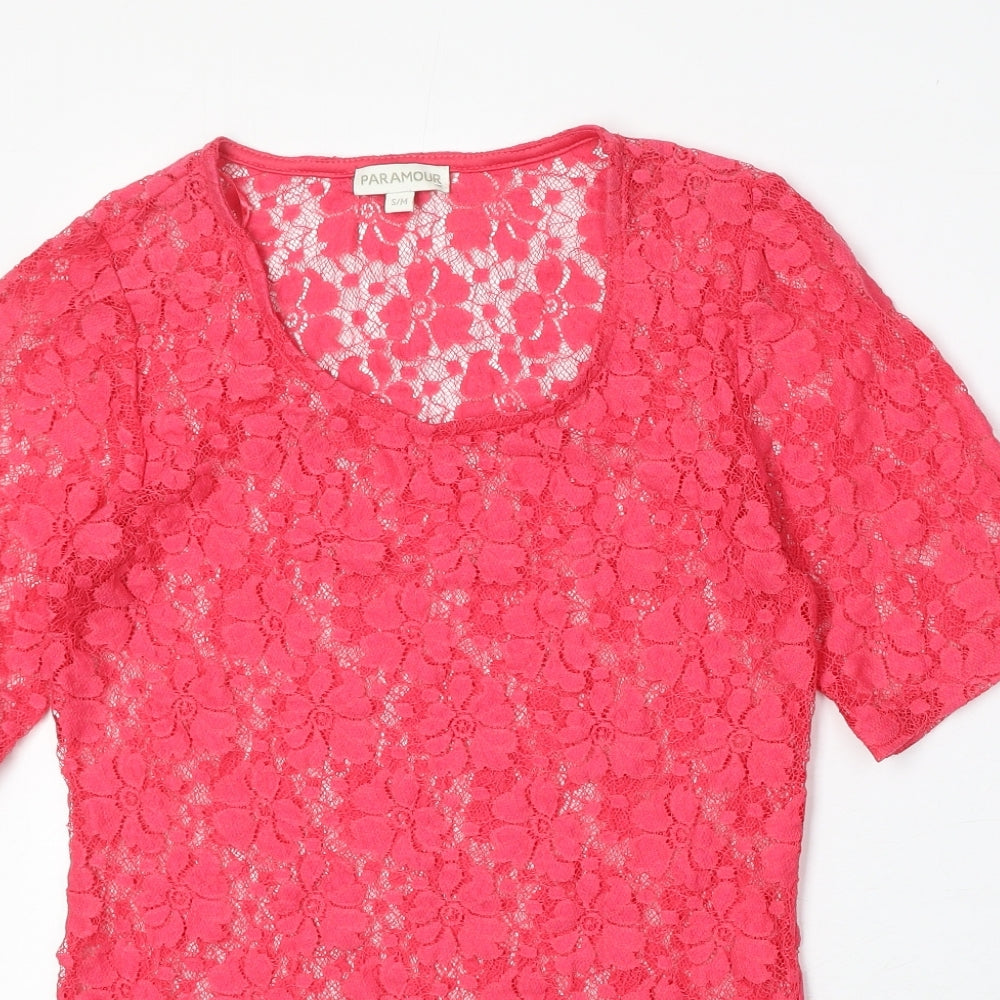 PARAMOUR Womens Pink Geometric Polyacrylate Fibre Basic T-Shirt Size S Round Neck - Size S/M