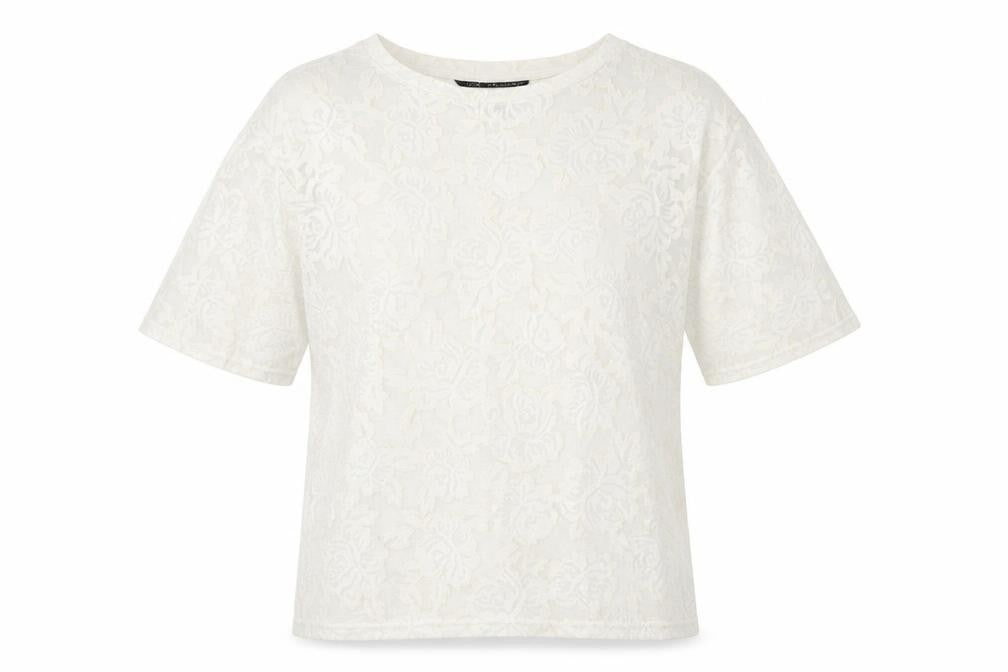 Topshop Womens Ivory Geometric Polyester Basic T-Shirt Size S Round Neck