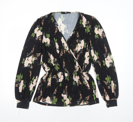 Very Womens Black Floral Polyester Basic Blouse Size 8 V-Neck