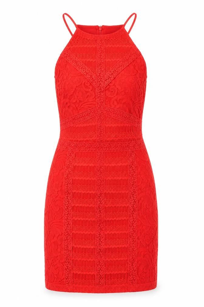 Topshop Womens Red Geometric Polyester Bodycon Size 14 Square Neck Zip