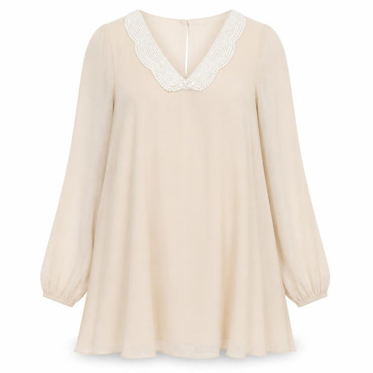 Love Womens Beige Polyester Trapeze & Swing Size S V-Neck Button