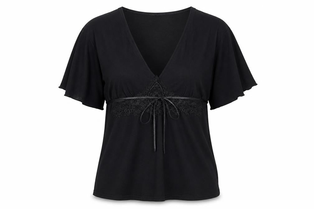 Red Herring Womens Black Viscose Basic Blouse Size 10 V-Neck - Lace Detail