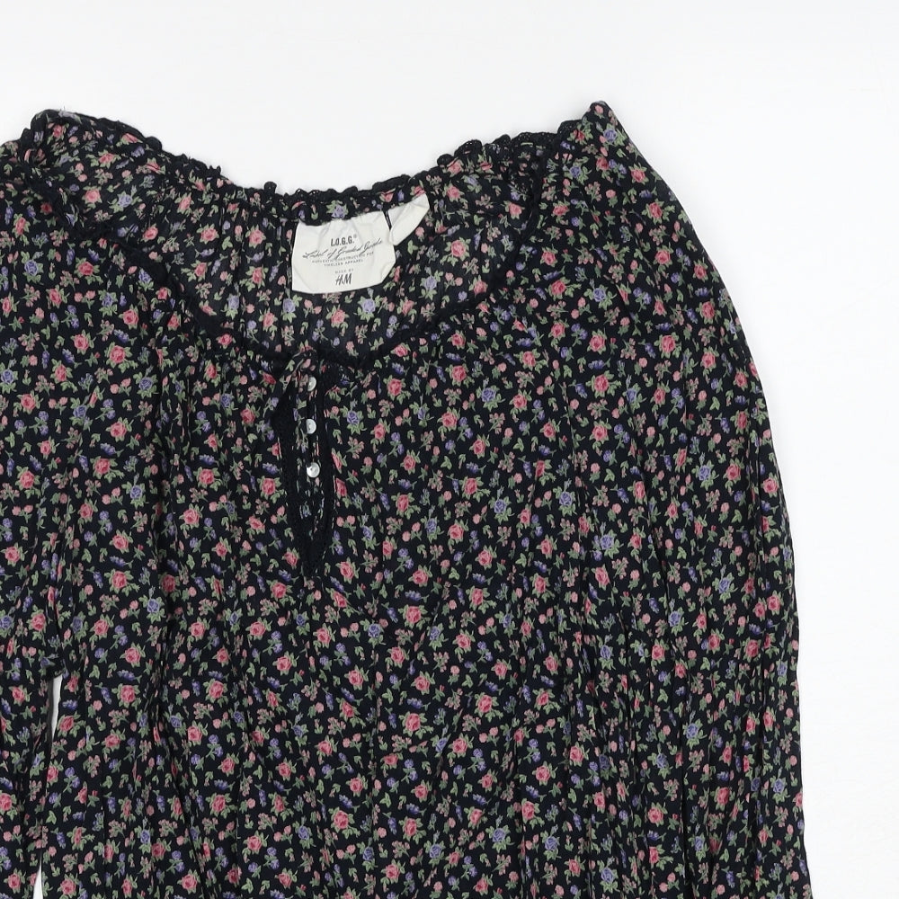 H&M Womens Black Geometric Cotton Basic Blouse Size 10 V-Neck