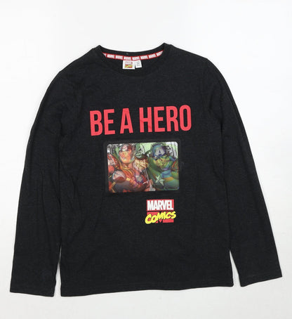 Preloved Marvel Comics Boys Grey Cotton Pullover T-Shirt Size 11-12 Years Round Neck Pullover - Be A Hero - Front