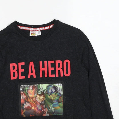 Preloved Marvel Comics Boys Grey Cotton Pullover T-Shirt Size 11-12 Years Round Neck Pullover - Be A Hero - Detail