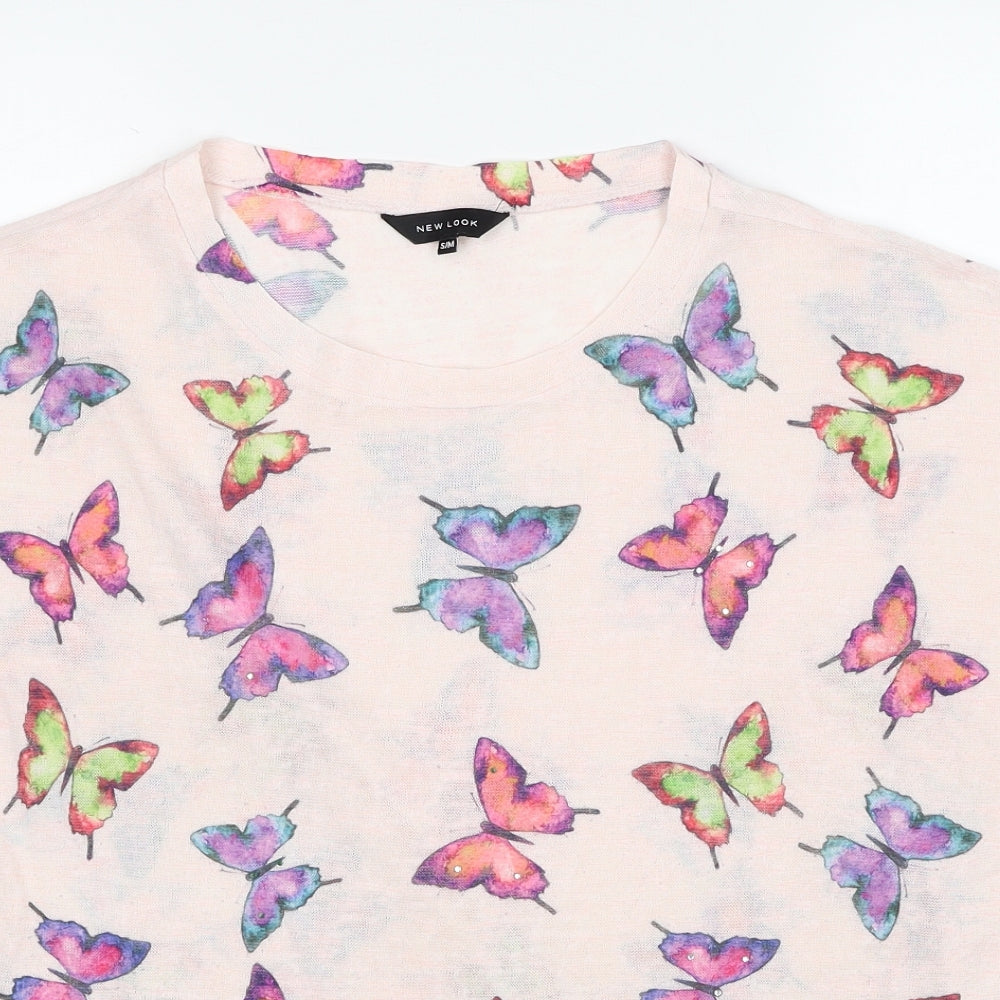 New Look Womens Pink Geometric Polyester Basic Blouse Size S Round Neck - Butterfly Print