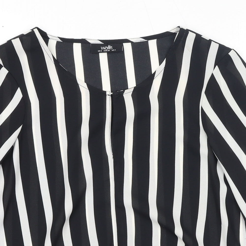 Wallis Womens Black Striped Polyester Basic Blouse Size 8 Round Neck
