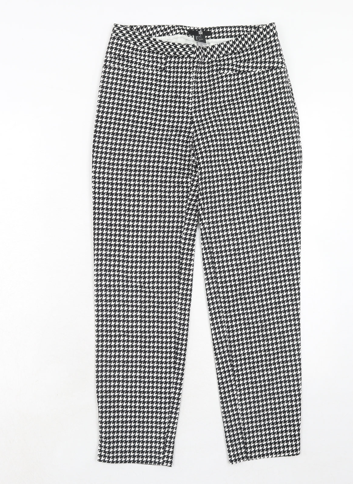 H&M Womens Black Geometric Cotton Chino Trousers Size 6 Regular Hook & Eye