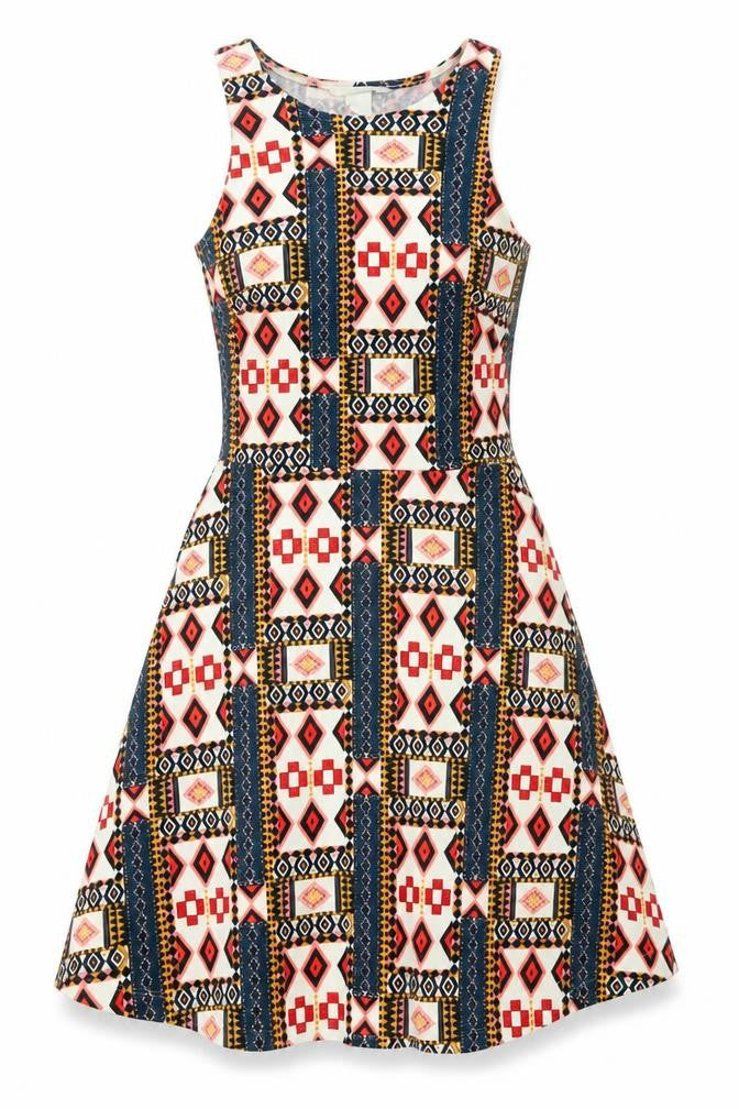 H&M Womens Multicoloured Geometric Polyester Fit & Flare Size S Round Neck Pullover