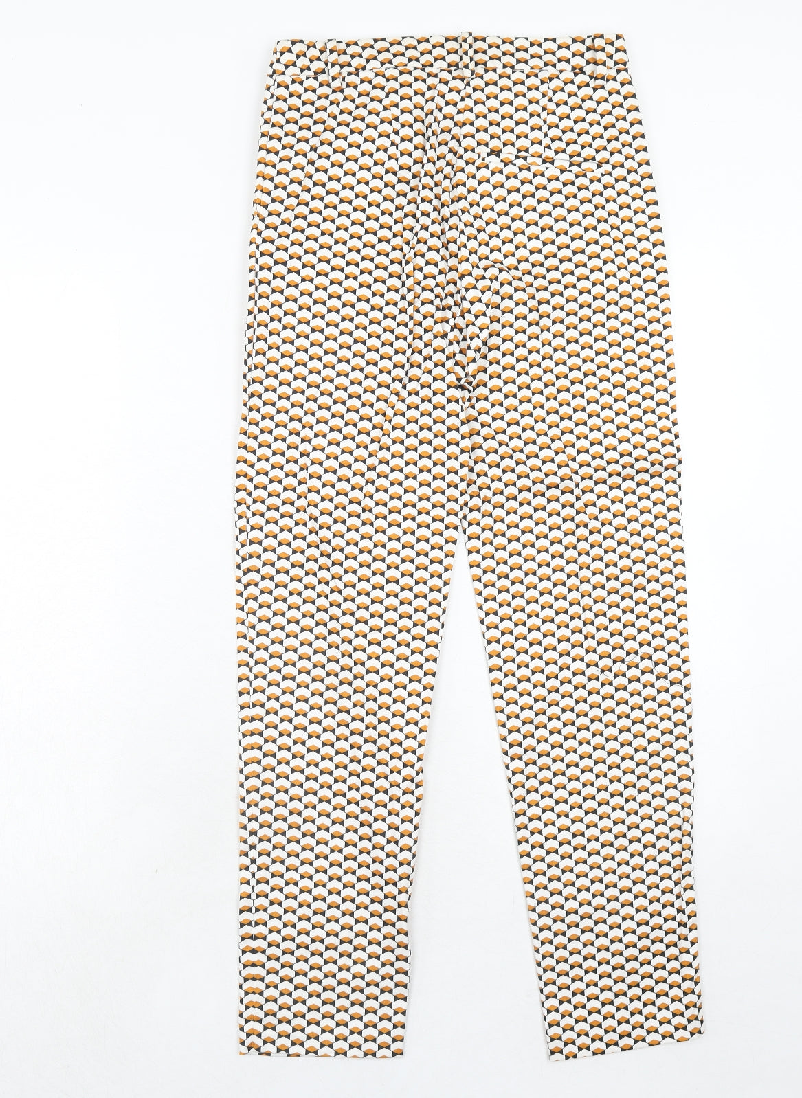 H&M Womens Orange Geometric Cotton Chino Trousers Size 6 Regular Hook & Eye