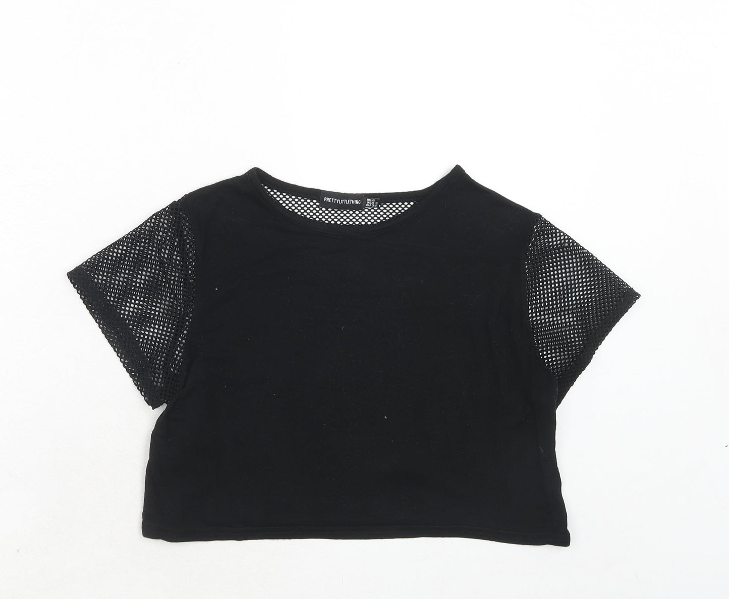 PRETTYLITTLETHING Womens Black Polyester Cropped T-Shirt Size 6 Round Neck - Net Detail