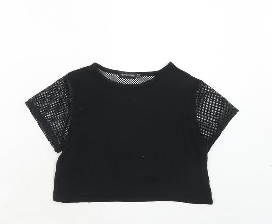 PRETTYLITTLETHING Womens Black Polyester Cropped T-Shirt Size 6 Round Neck - Net Detail
