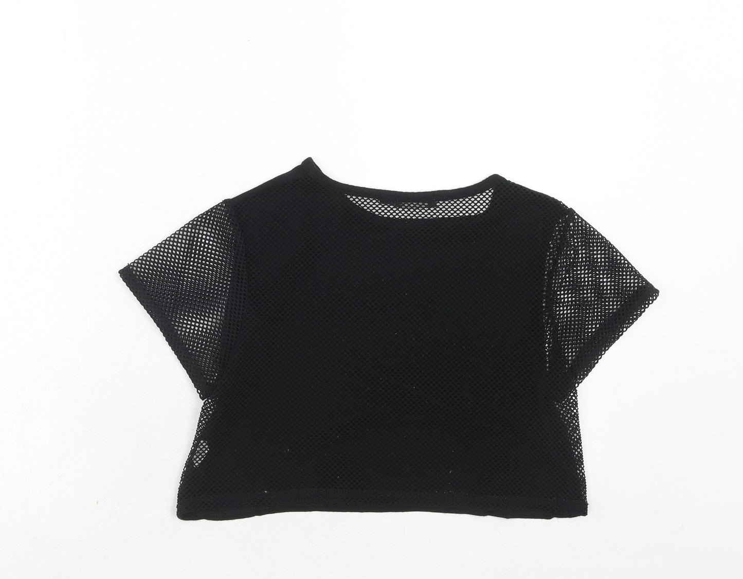 PRETTYLITTLETHING Womens Black Polyester Cropped T-Shirt Size 6 Round Neck - Net Detail