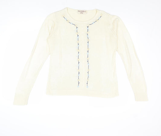 EWM Womens Ivory Round Neck Acrylic Pullover Jumper Size S - Flower Detail