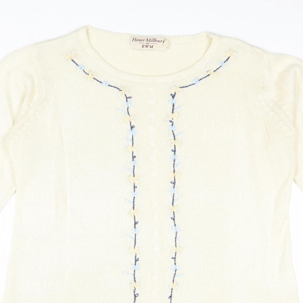 EWM Womens Ivory Round Neck Acrylic Pullover Jumper Size S - Flower Detail
