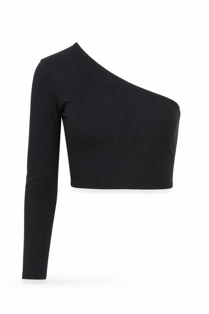 PRETTYLITTLETHING Womens Black Polyester Cropped Tank Size 10 One Shoulder