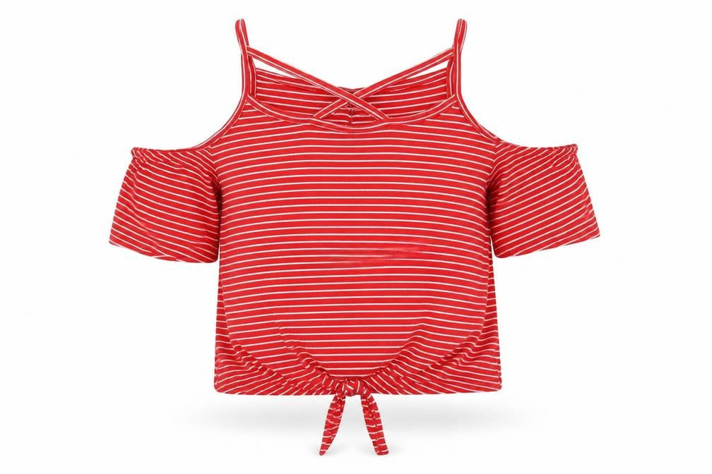 New Look Girls Red Striped Cotton Pullover T-Shirt Size 10-11 Years Scoop Neck Pullover - Cold Shoulder Tie Front