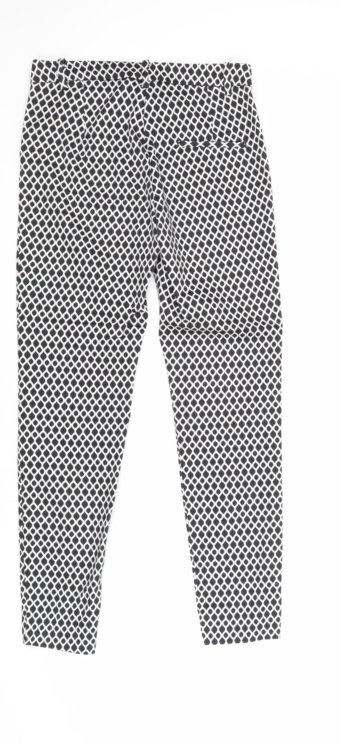 H&M Womens Black Geometric Cotton Chino Trousers Size 8 Regular Zip