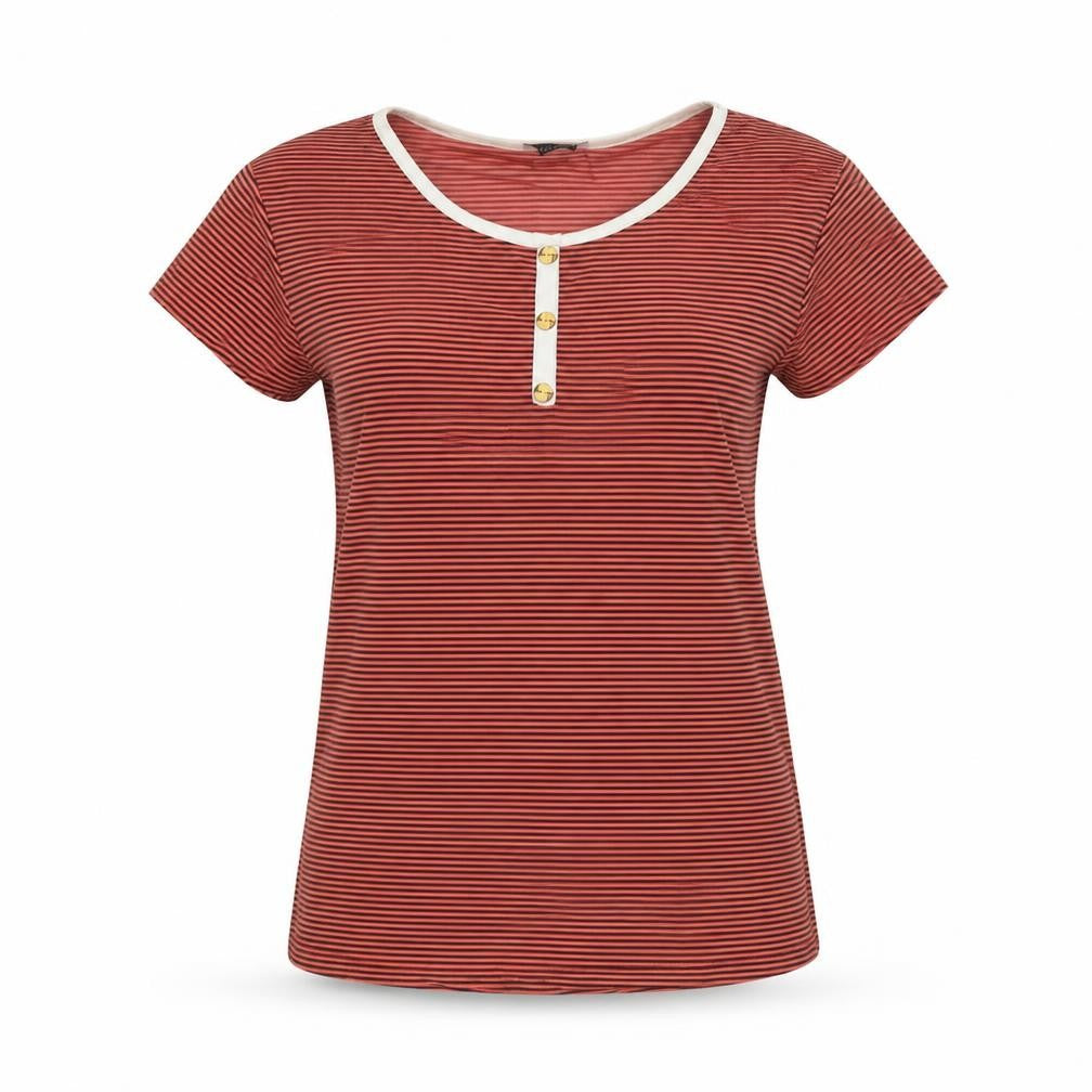 New Trend Womens Red Striped Cotton Basic T-Shirt Size S Round Neck