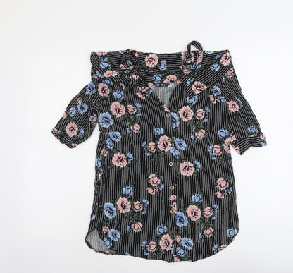 Select Womens Black Geometric Viscose Basic Button-Up Size 6 V-Neck