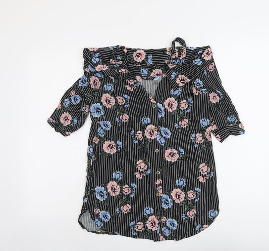 Select Womens Black Geometric Viscose Basic Button-Up Size 6 V-Neck