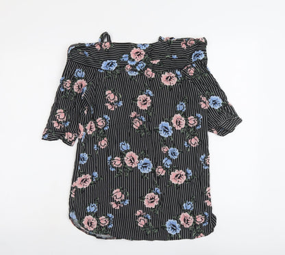 Select Womens Black Geometric Viscose Basic Button-Up Size 6 V-Neck