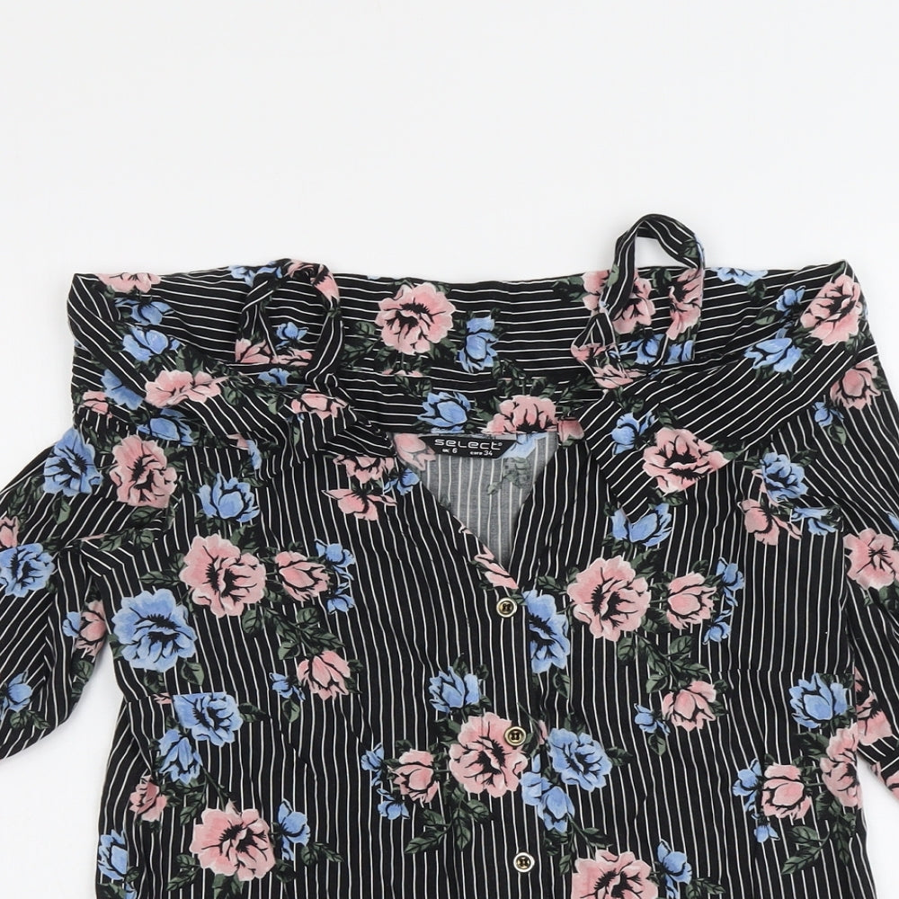 Select Womens Black Geometric Viscose Basic Button-Up Size 6 V-Neck