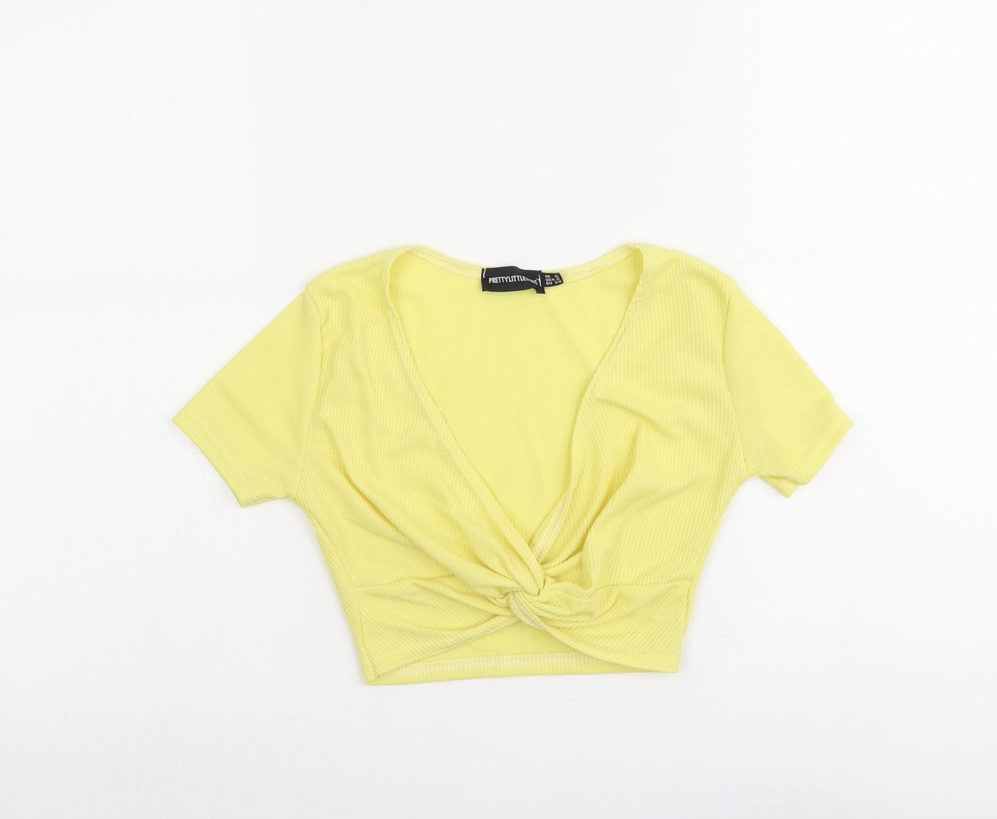 PRETTYLITTLETHING Womens Yellow Polyester Cropped Tank Size 6 V-Neck - Twist Detail